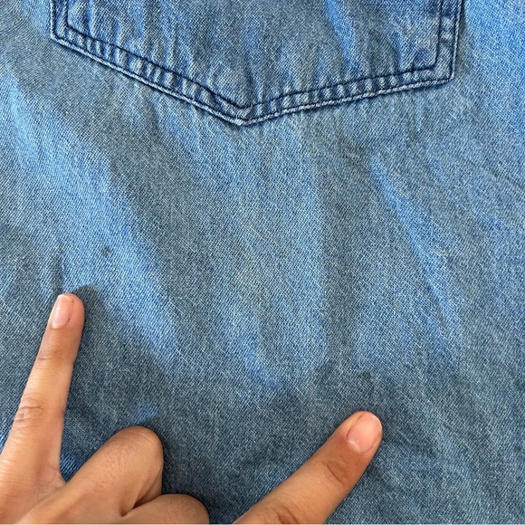 Vintage grunge Denim button down hoodie with Plaid Sleeves - Picture 5 of 8